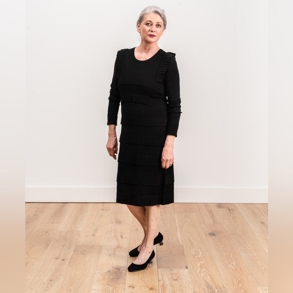 NWOT CARVEN TIERED RUFFLE SWEATER DRESS BLACK MIDI LONG SLEEVE MODEST CREW NECK - Picture 15 of 15